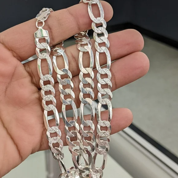 925 Sterling Silver Figaro Diamond Cut Chain 10mm 22 inch